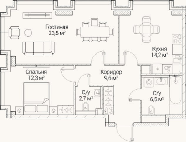 Планировка: 2-к, 68,8 м²