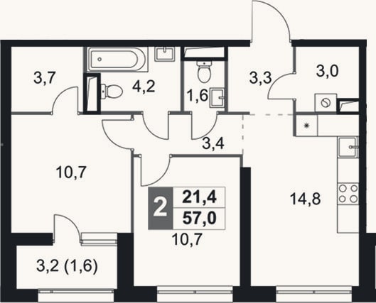 Планировка: 2-к, 55,4 м²