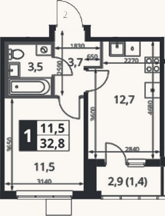 Планировка: 1-к, 32 м²