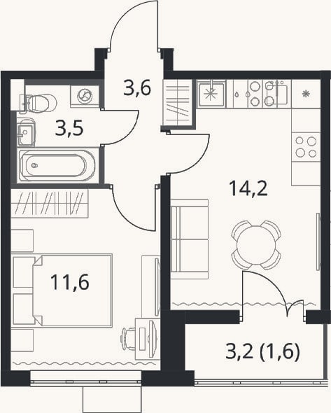 Планировка: 1-к, 32,9 м²