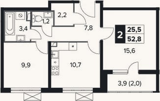 Планировка: 2-к, 50,8 м²