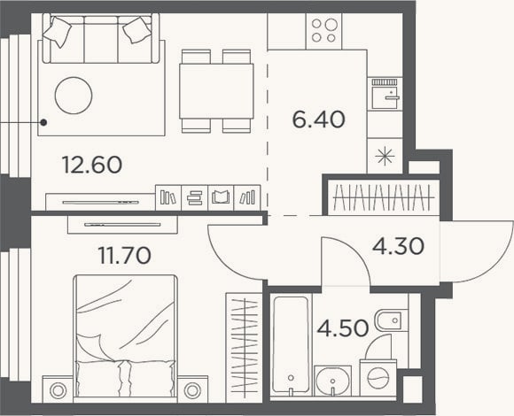 Планировка: 2-к, 39,5 м²
