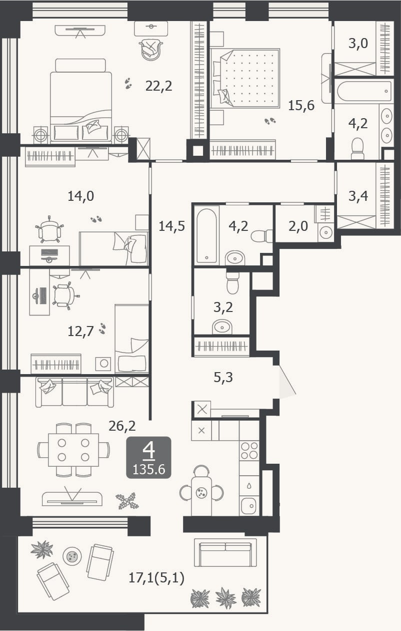 Планировка: 4+ к, 130,5 м²