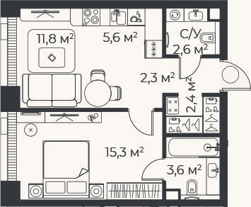 Планировка: 2-к, 43,5 м²