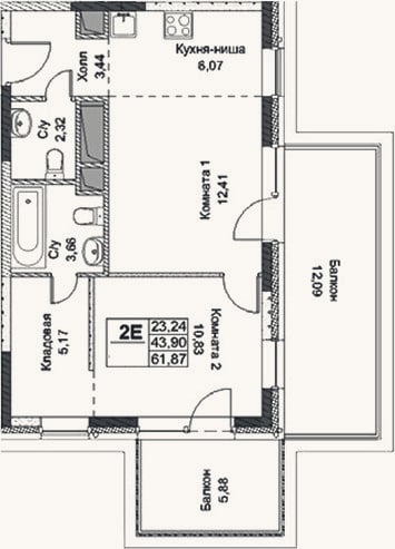 Планировка: 2-к, 43,9 м²