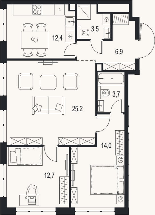 Планировка: 3-к, 78,4 м²