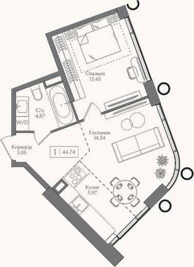 Планировка: 2-к, 44,7 м²