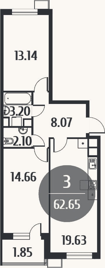 Планировка: 3-к, 60,6 м²