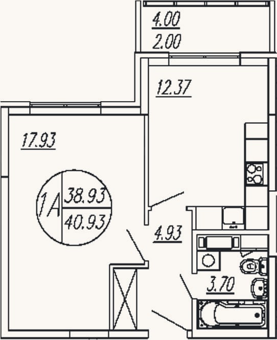 Планировка: 1-к, 38,9 м²