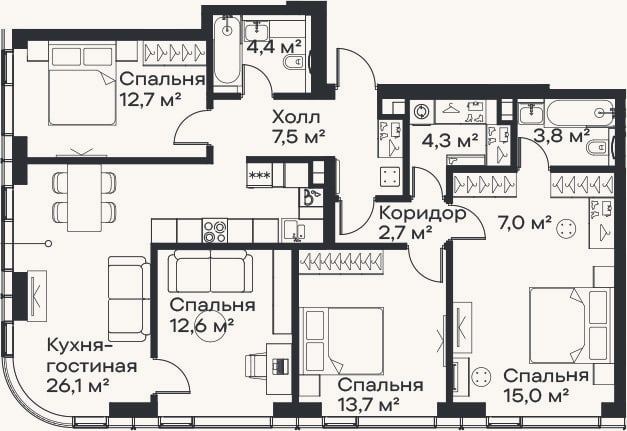 Планировка: 4+ к, 109,8 м²