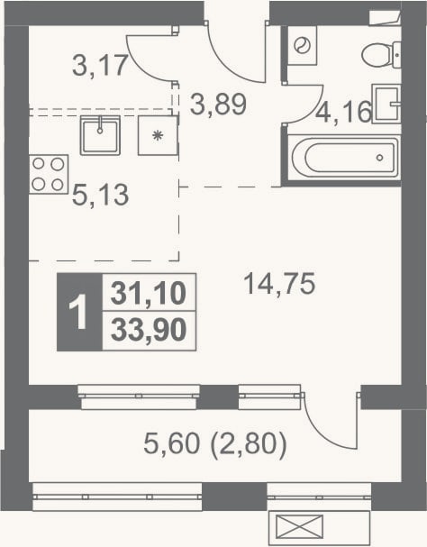 Планировка: Студия, 31,1 м²