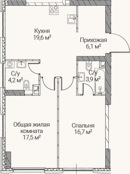 Планировка: 2-к, 68 м²