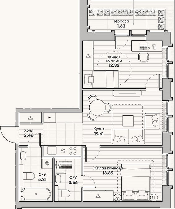 Планировка: 2-к, 57,3 м²