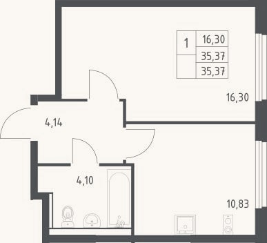 Планировка: 1-к, 35,4 м²