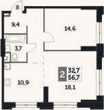Планировка: 2-к, 56,7 м²