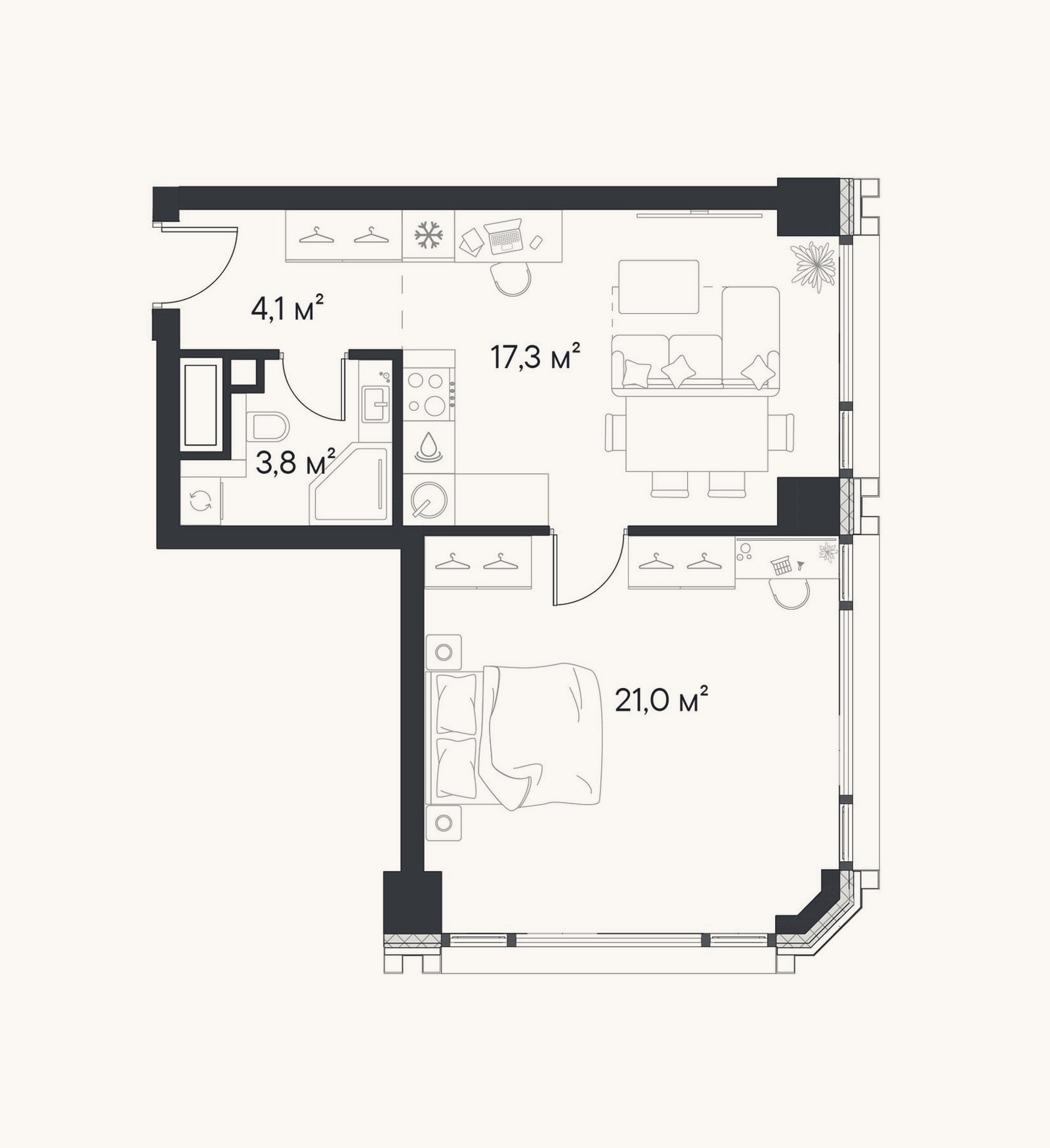 Планировка: 1-к, 46,2 м²