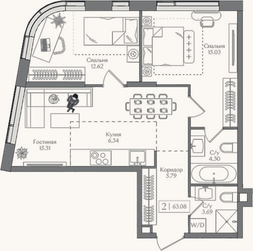 Планировка: 3-к, 63,1 м²