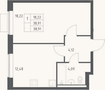 Планировка: 1-к, 38,9 м²