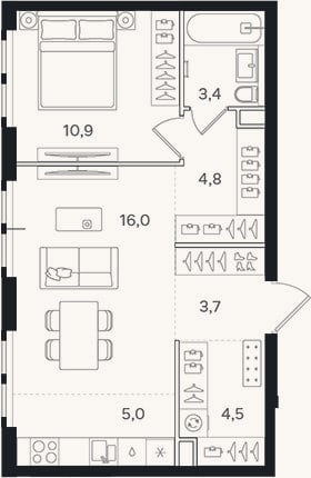 Планировка: 2-к, 48,3 м²
