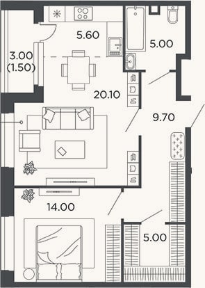 Планировка: 2-к, 59,4 м²