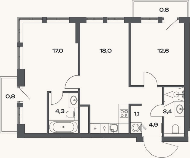 Планировка: 3-к, 62,6 м²