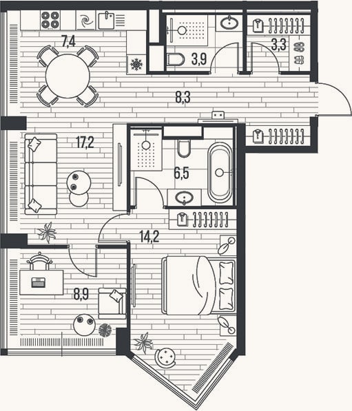 Планировка: 3-к, 69,7 м²