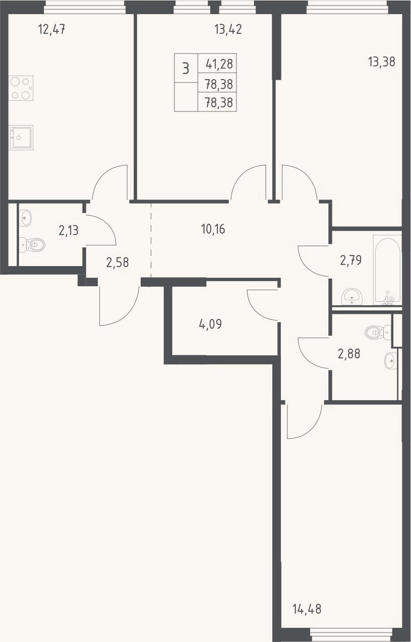 Планировка: 3-к, 78,4 м²