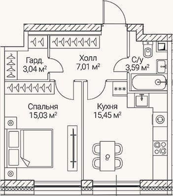 Планировка: 1-к, 44,1 м²