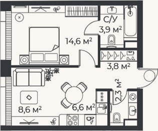 Планировка: 2-к, 39,8 м²