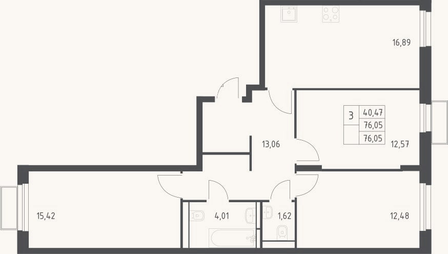 Планировка: 3-к, 76,1 м²