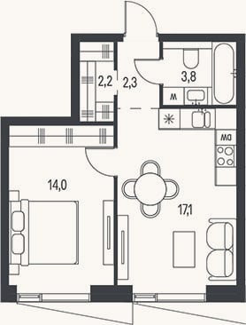 Планировка: 2-к, 39,4 м²