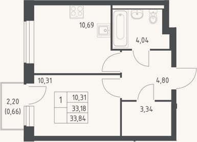Планировка: 1-к, 33,2 м²