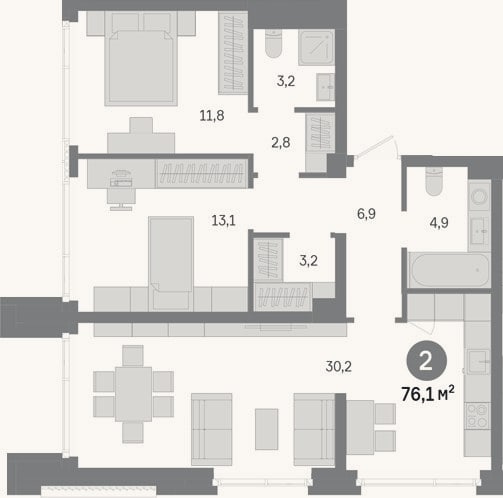 Планировка: 2-к, 76,1 м²