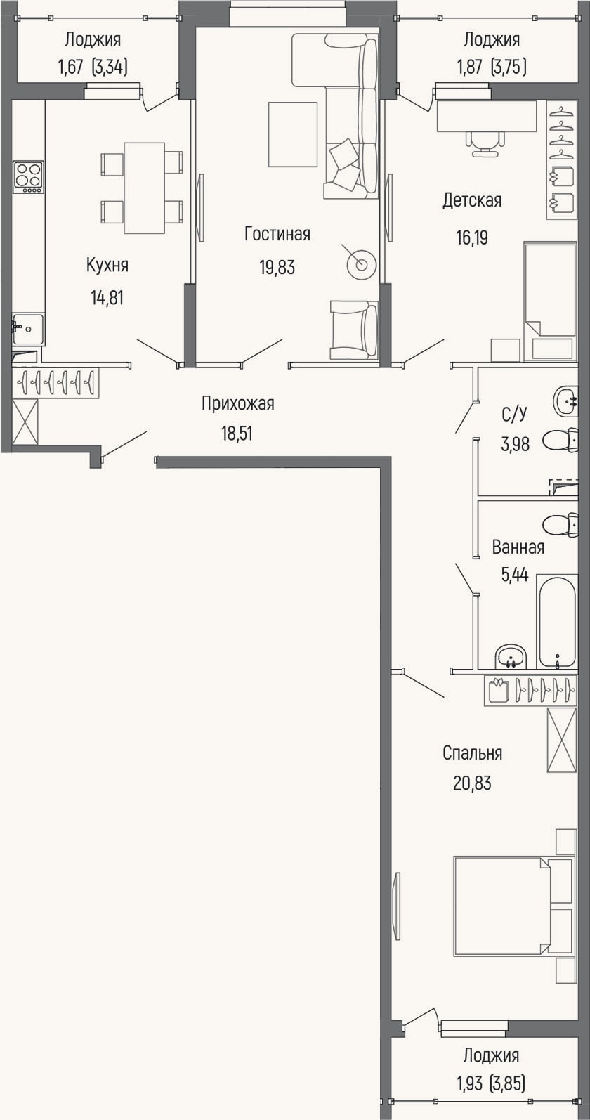 Планировка: 3-к, 99,6 м²
