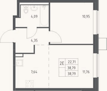 Планировка: 2-к, 38,8 м²