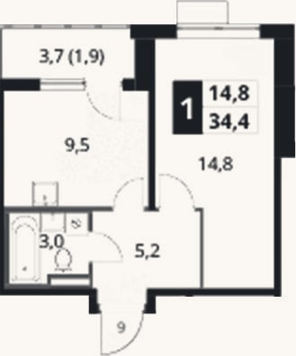 Планировка: 1-к, 32,5 м²