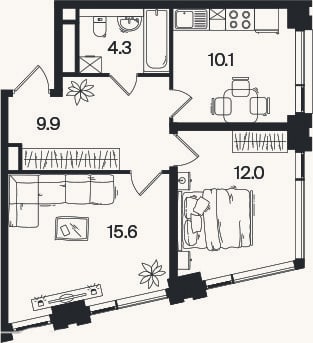 Планировка: 2-к, 51,9 м²