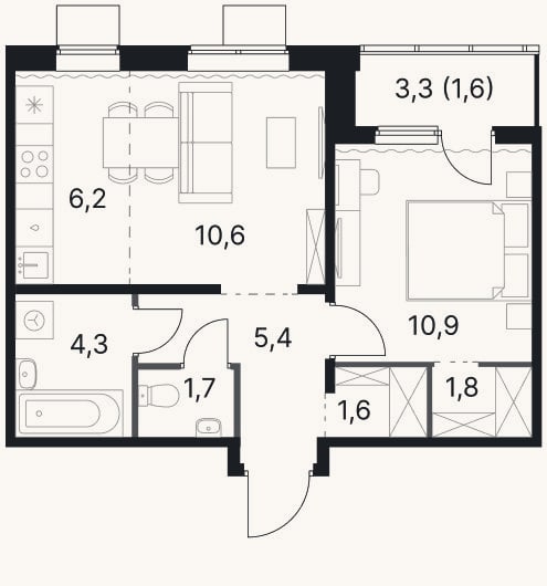 Планировка: 2-к, 42,5 м²