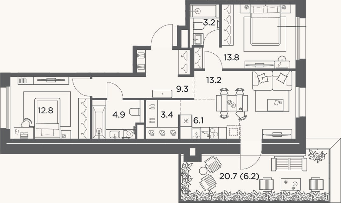 Планировка: 3-к, 66,7 м²
