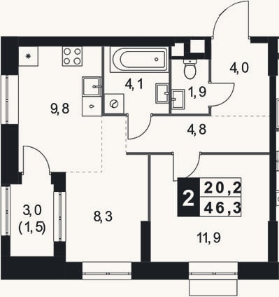 Планировка: 2-к, 44,8 м²