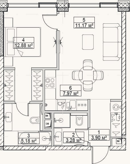 Планировка: 2-к, 44,4 м²