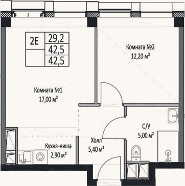 Планировка: 2-к, 42,5 м²