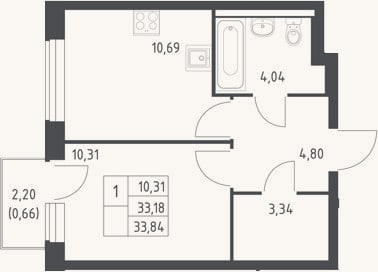Планировка: 1-к, 33,2 м²