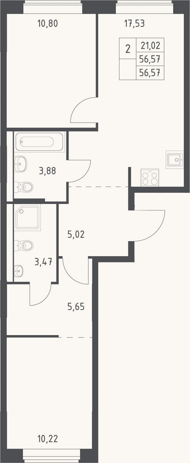 Планировка: 3-к, 56,6 м²
