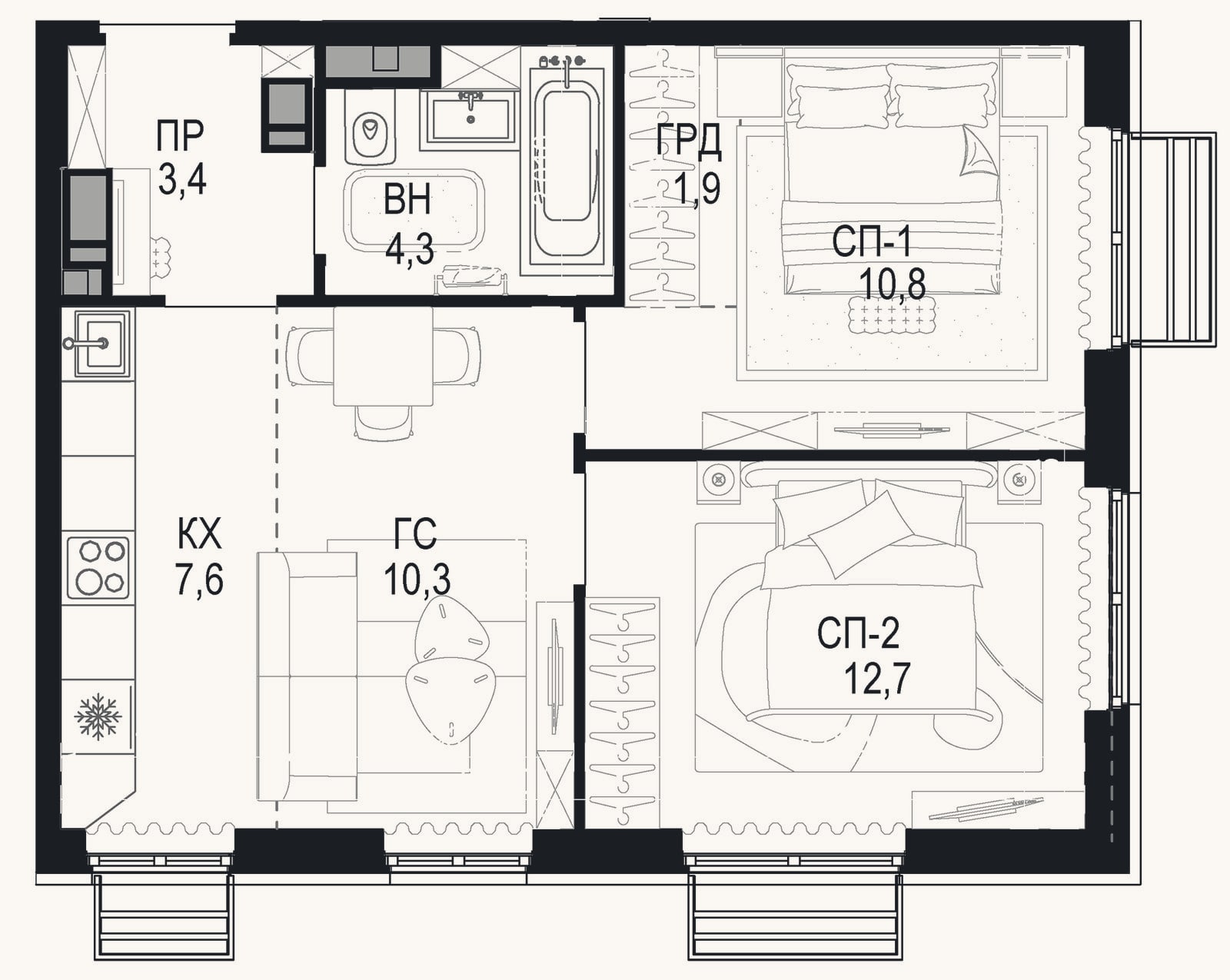 Планировка: 3-к, 51 м²