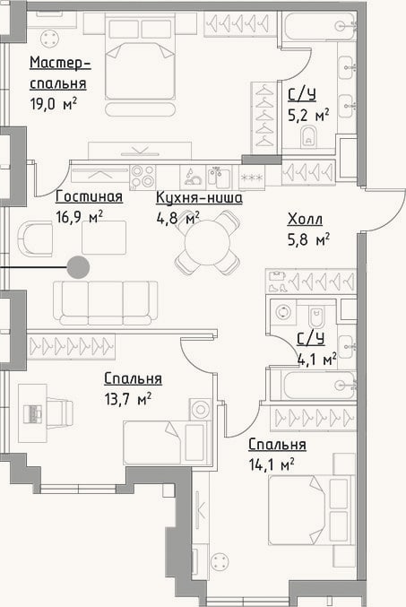 Планировка: 4+ к, 83,6 м²