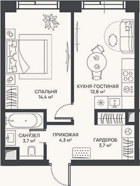 Планировка: 2-к, 38,9 м²