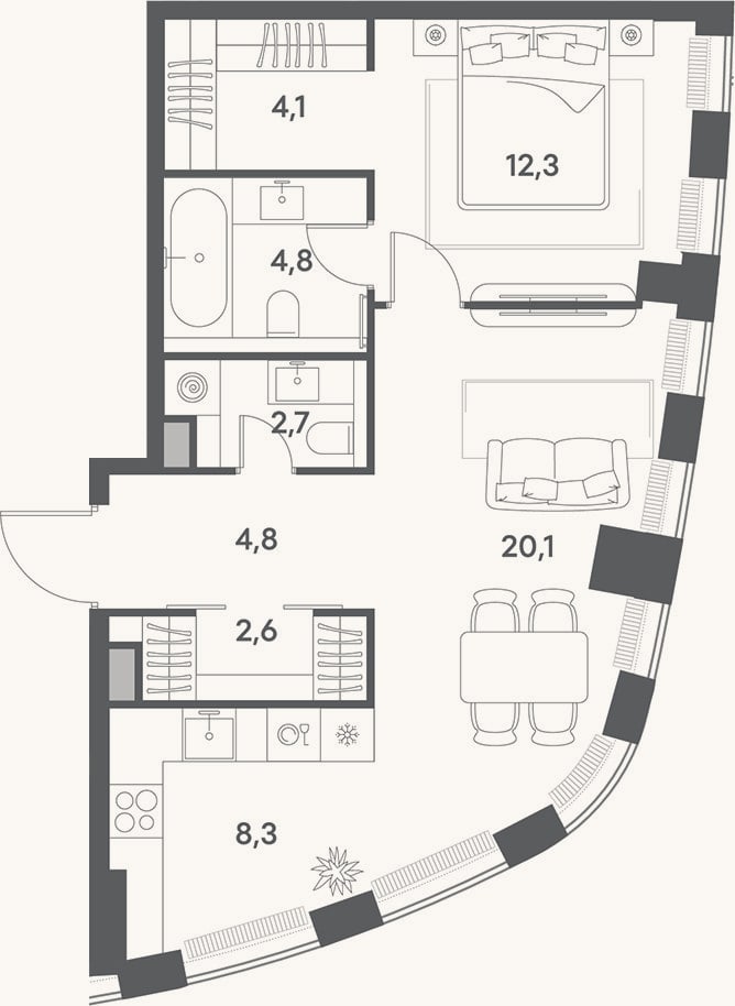 Планировка: 2-к, 59,7 м²