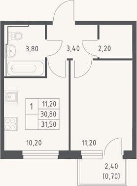 Планировка: 1-к, 30,8 м²