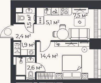 Планировка: 2-к, 35,5 м²